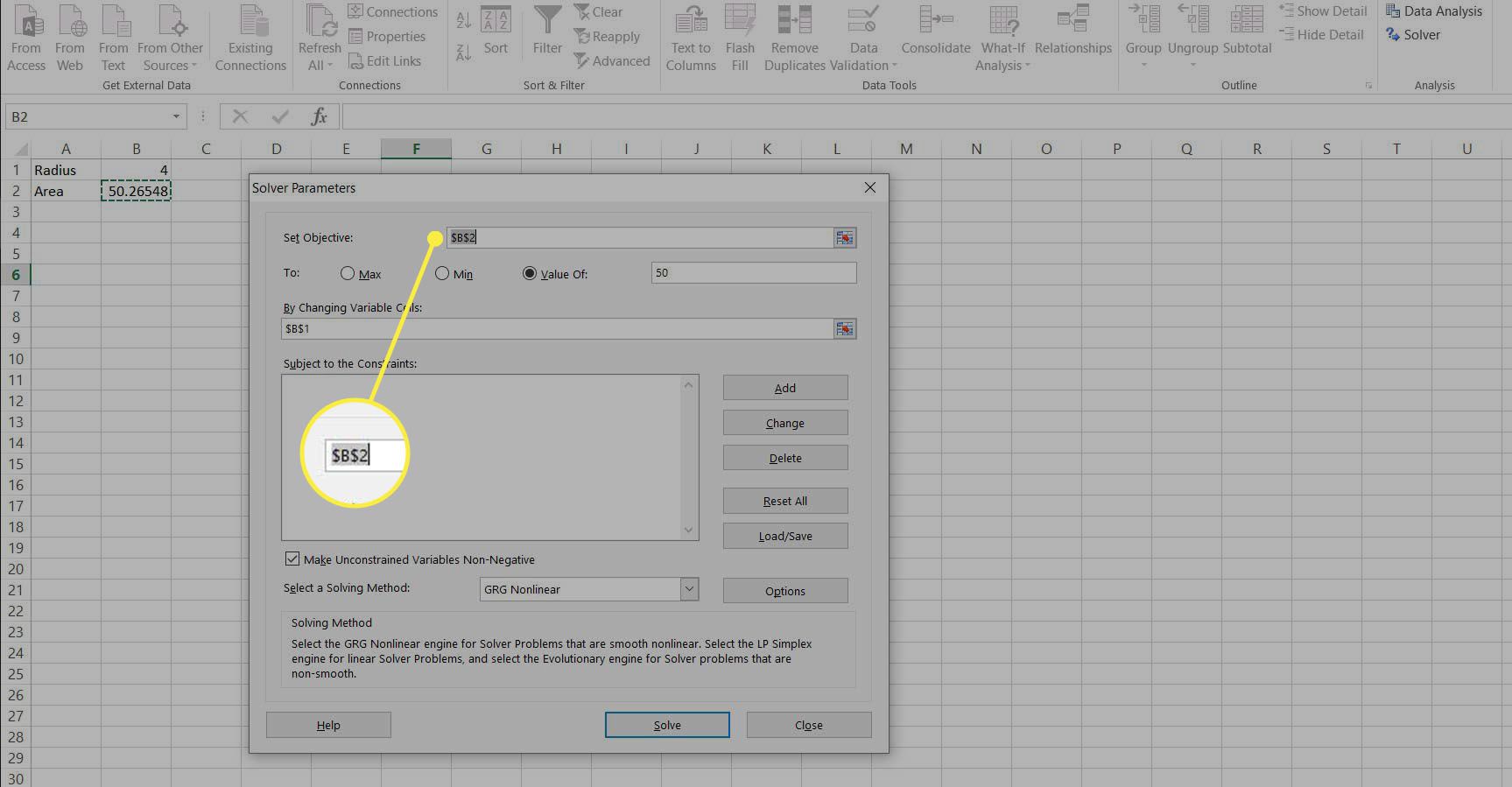 Excel Solver -vaihtoehdot yksinkertaiseksi esimerkiksi