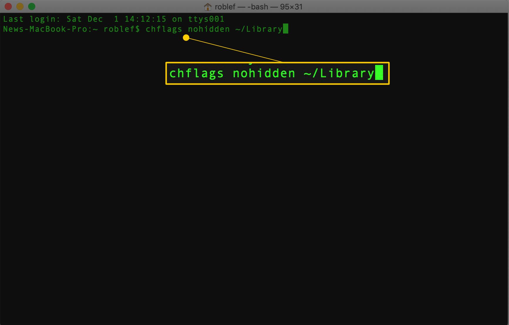 chflags nohidden ~/Library-komento macOS Terminal -sovelluksessa