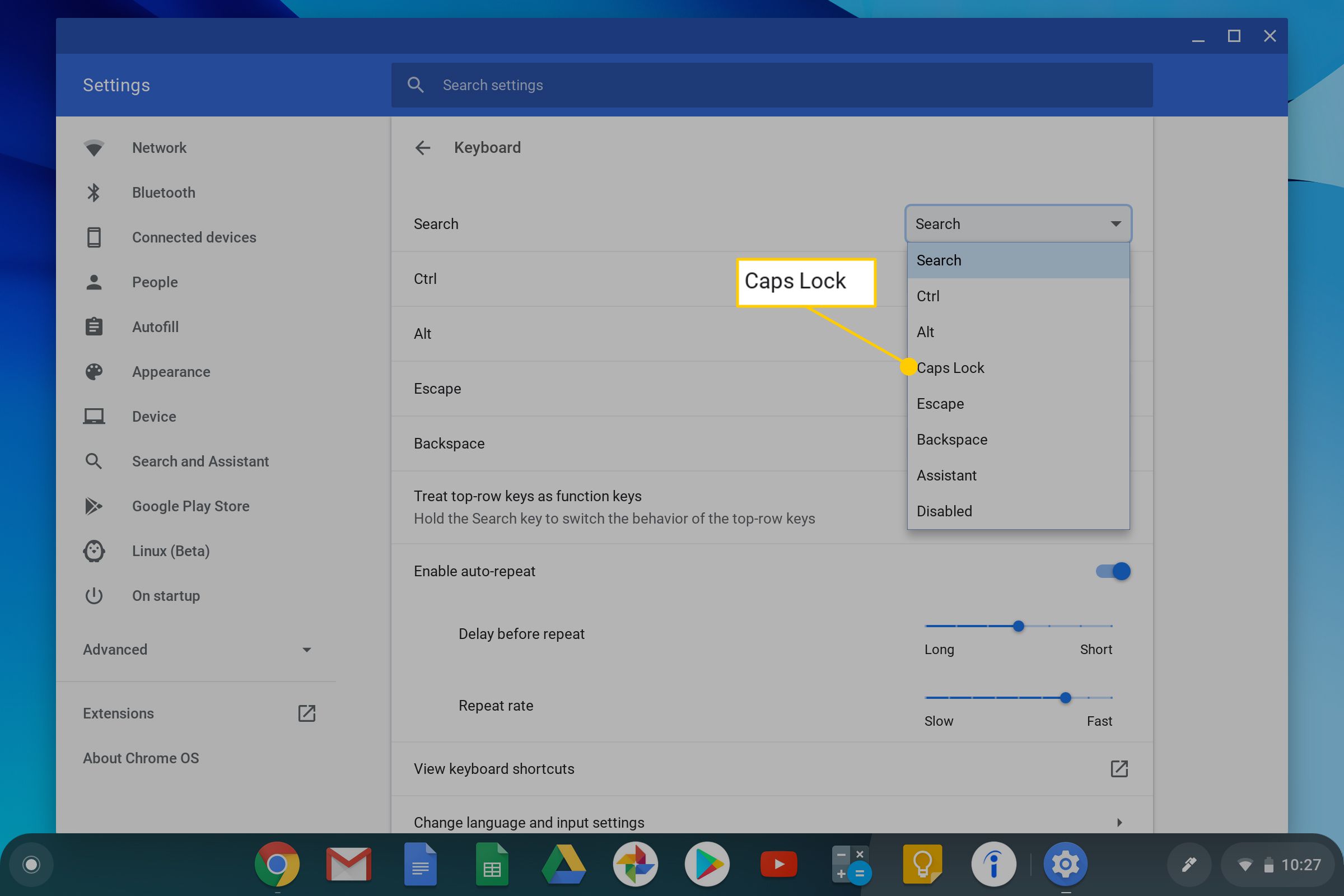 Mahdollisuus asettaa hakunäppäimeksi oletuksena Caps Lock Chromebookissa.