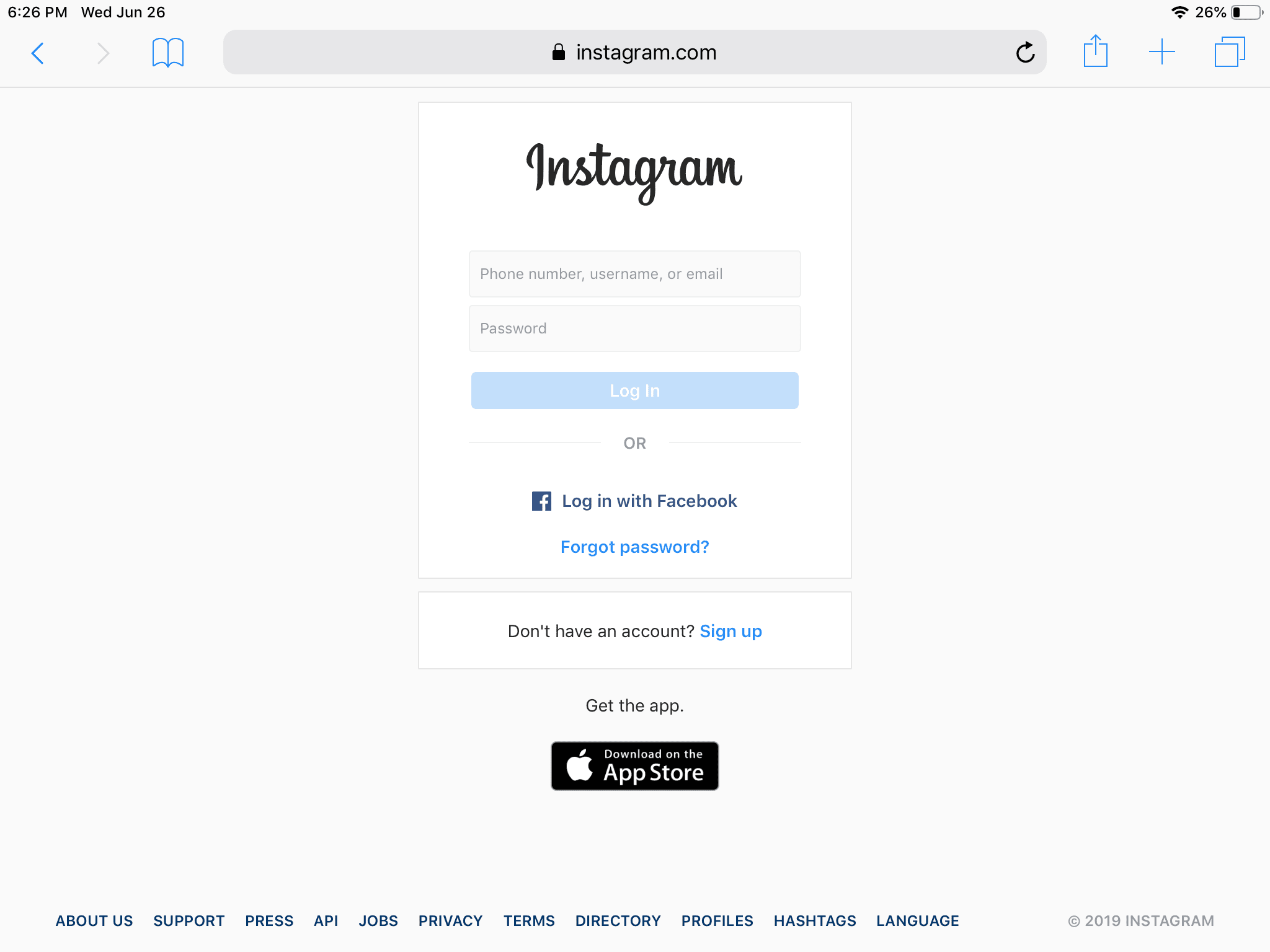 Instagram.com-kirjautumisnäyttö iPadin Safarissa