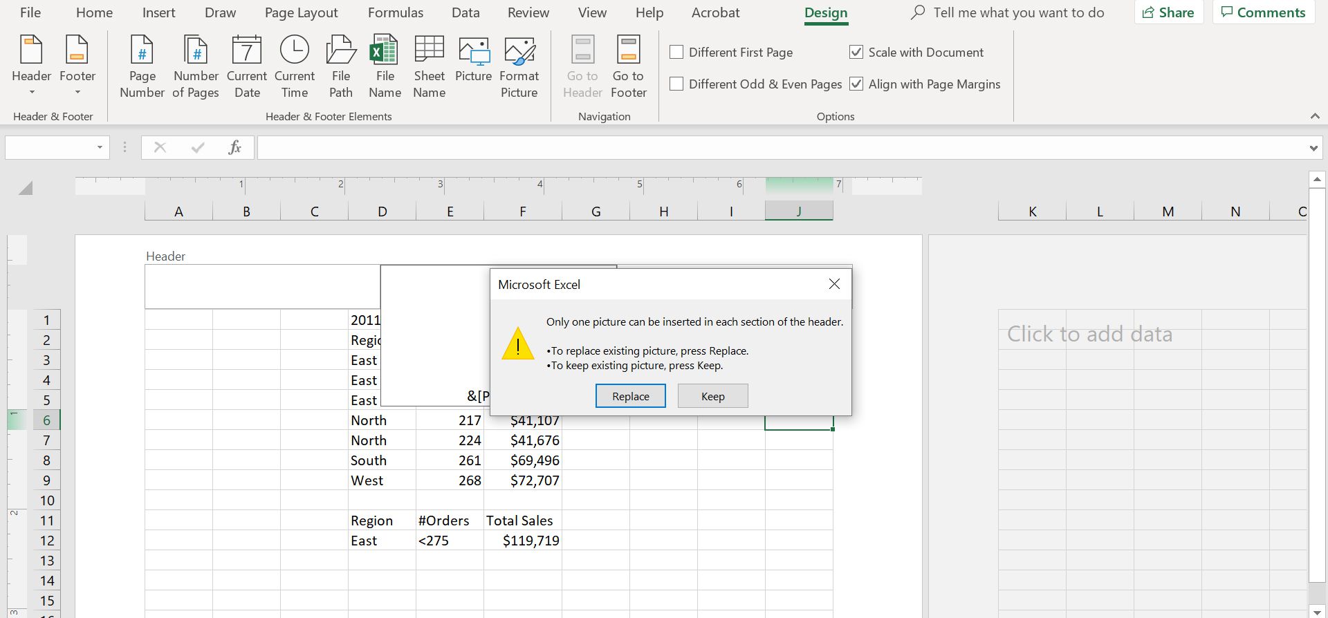 Excel-valintaikkuna otsikkokuvan korvaamiseksi.