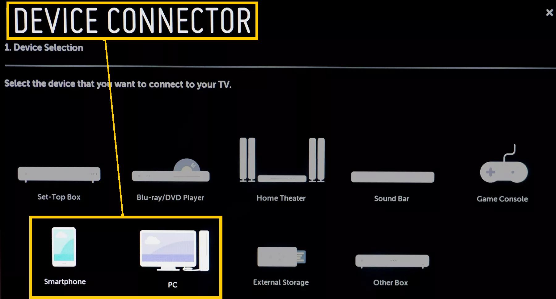 LG TV Device Connector Menu – Älypuhelin ja PC korostettuina