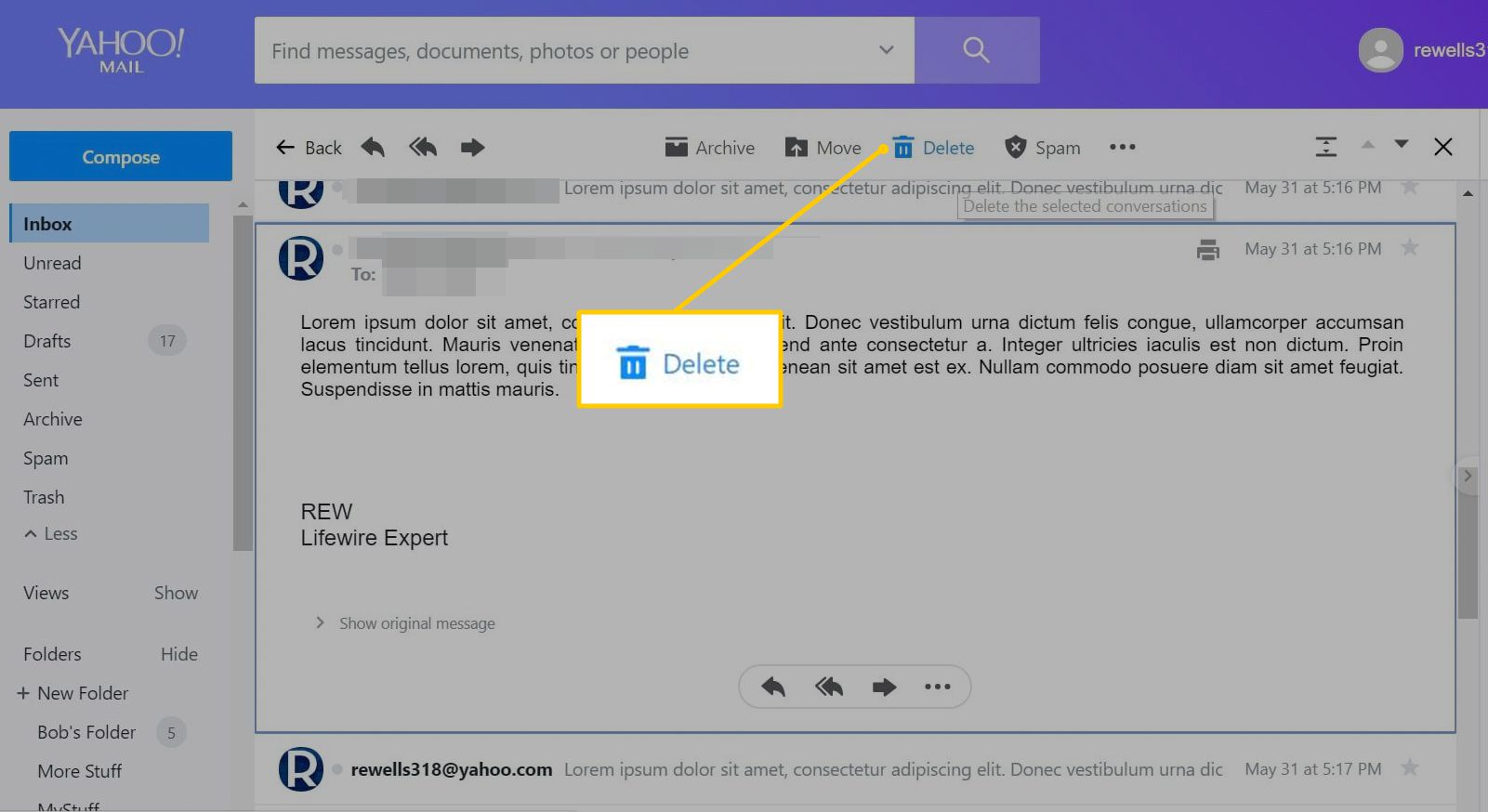 Poista-painike Yahoo Mail Toolbarissa