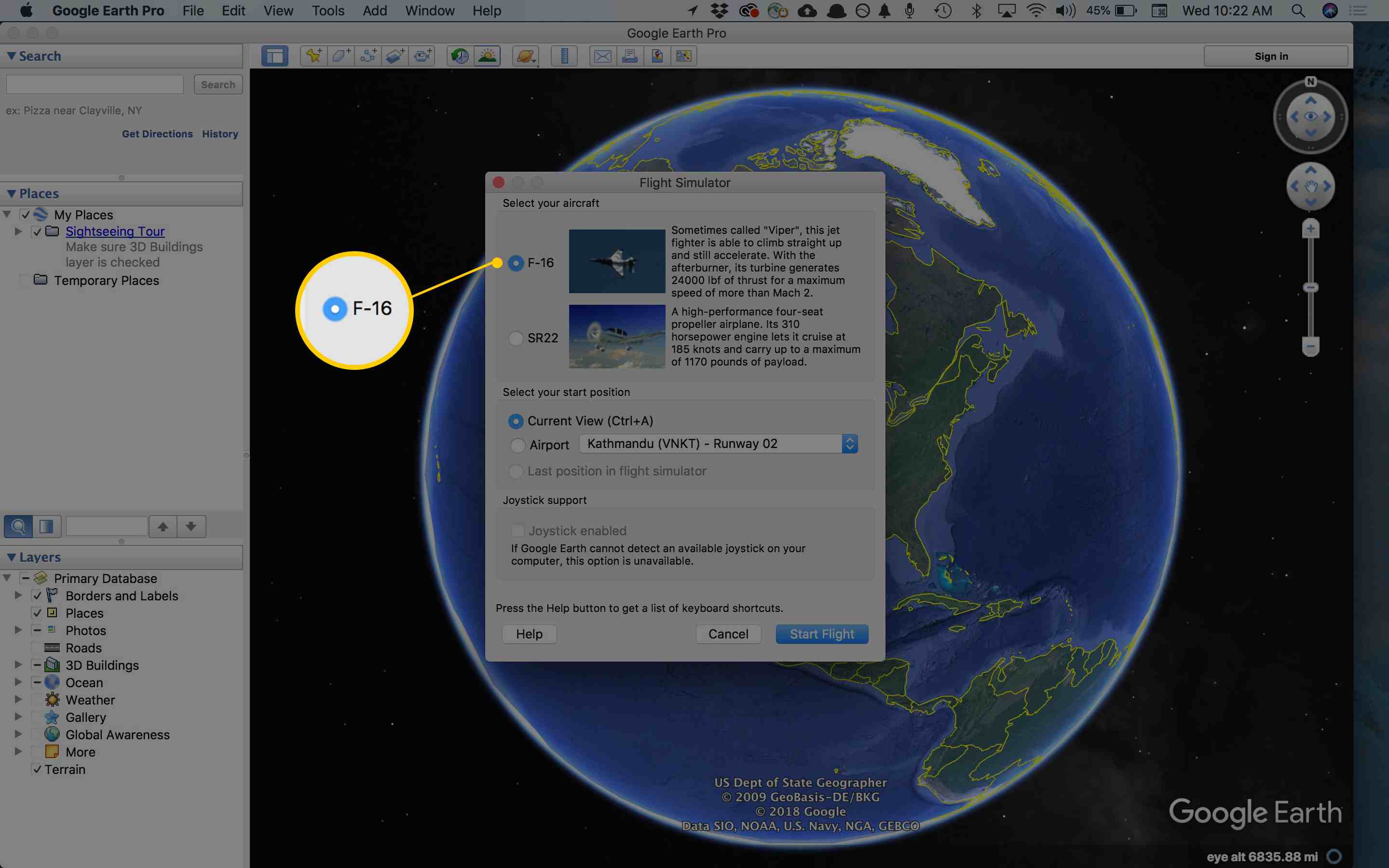 Kuvakaappaus lentokonevaihtoehdoista Google Earth Flight Simulatorissa (Mac)