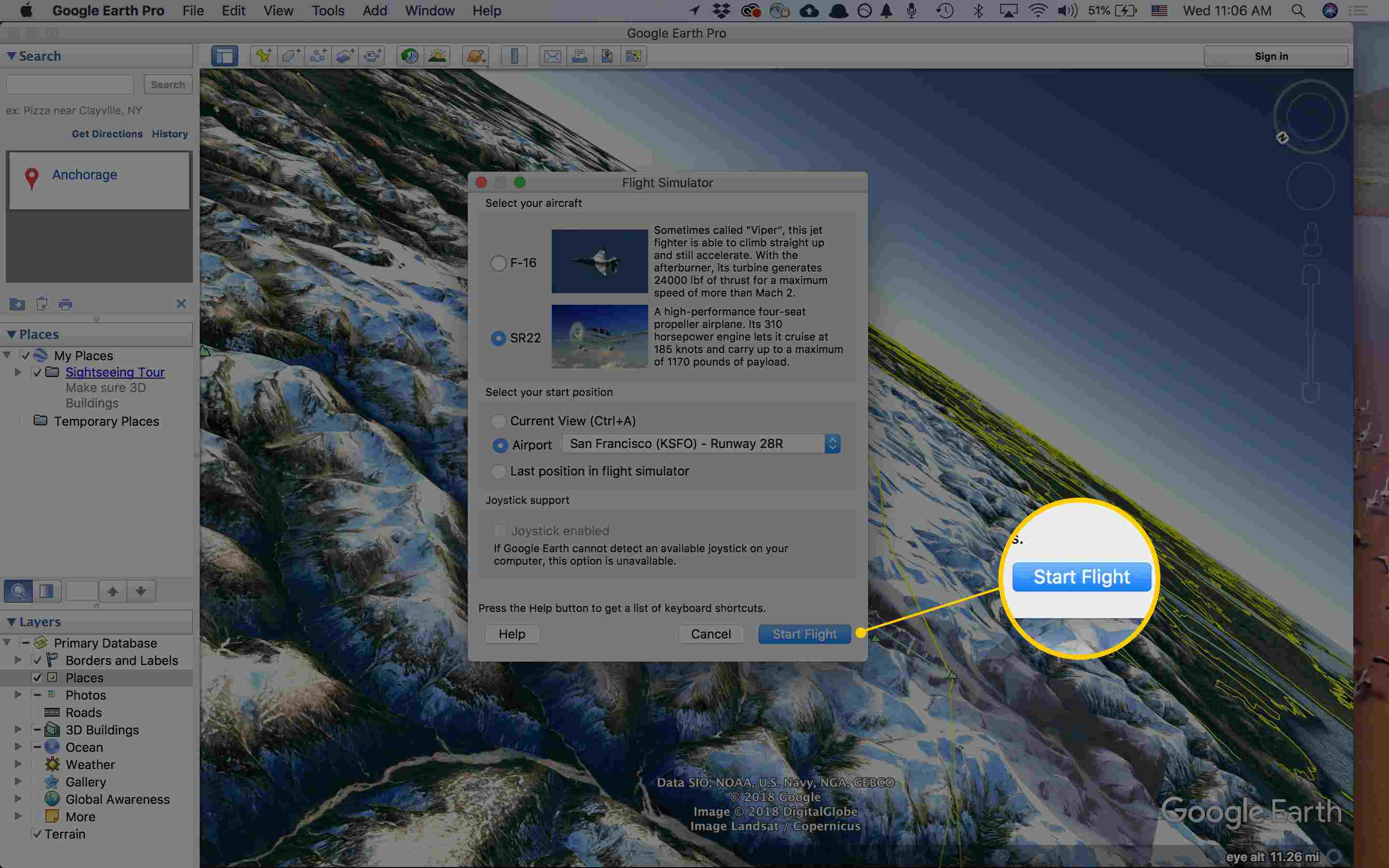 Kuvakaappaus Google Earth Pron (Mac) Aloita lento -painikkeesta