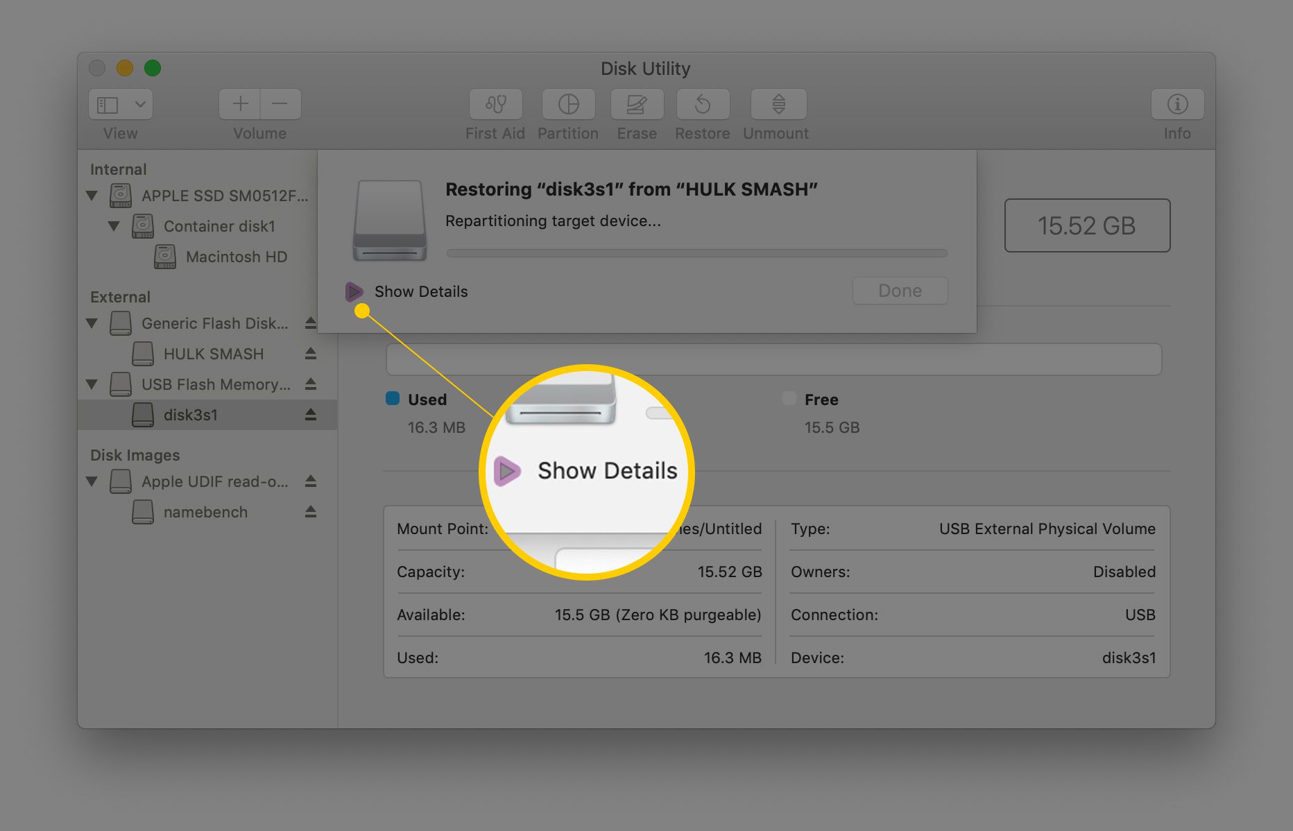 Näytä tiedot -painike palautusprosessissa macOS Disk Utility -sovelluksessa