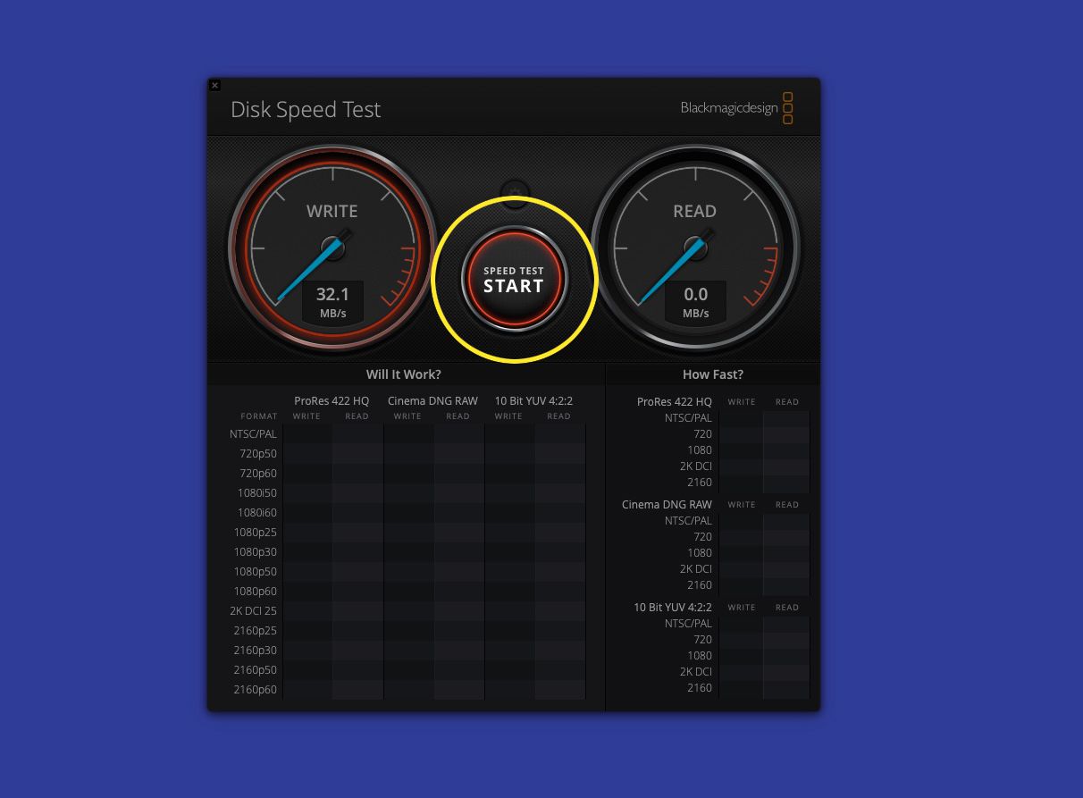 Blackmagic Disk Speed ​​​​Test -näyttö, jossa Start-painike on korostettuna
