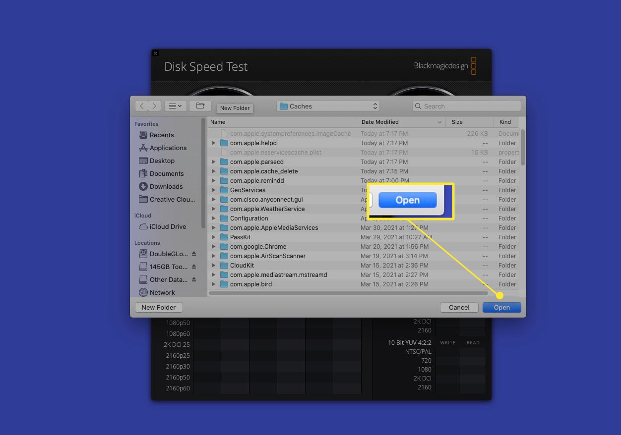 Finder-näyttö Macissa, jossa Open on korostettuna
