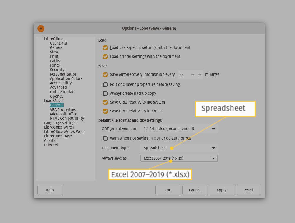 Näyttökaappaus LibreOffice Calc -standardin asettamisesta.