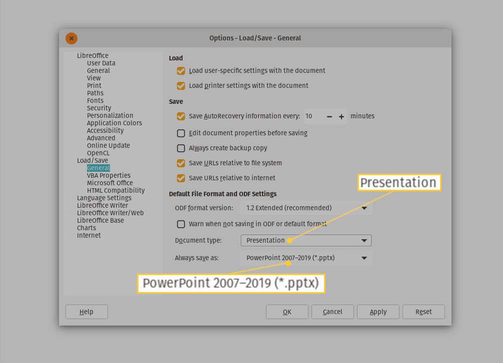 Kuvakaappaus LibreOffice-esitysstandardin asettamisesta.