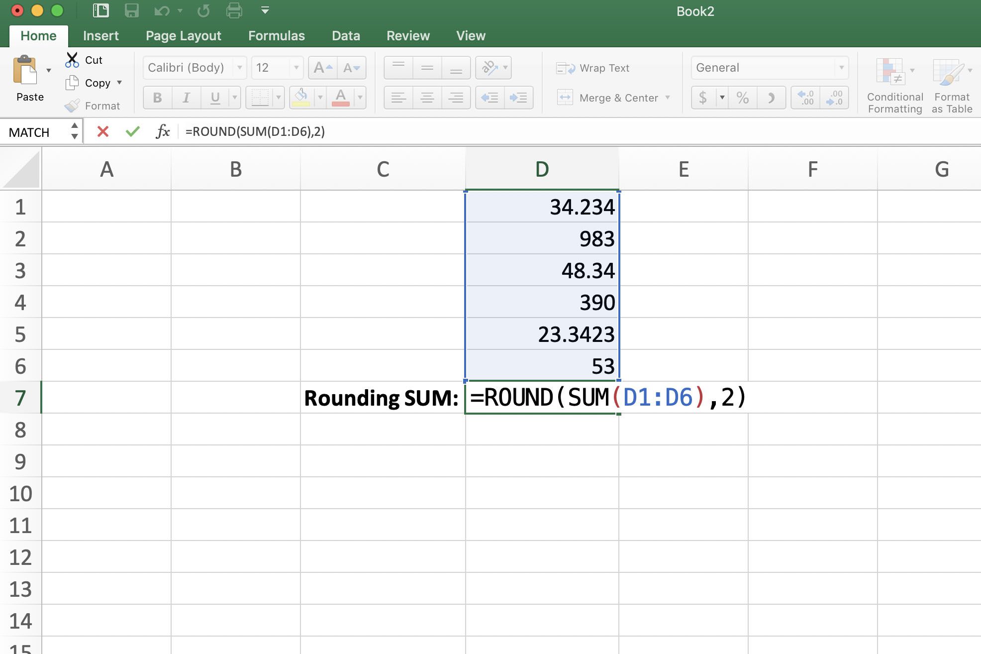 Kuvakaappaus Excelistä sisäkkäisellä pyöristyksellä SUM