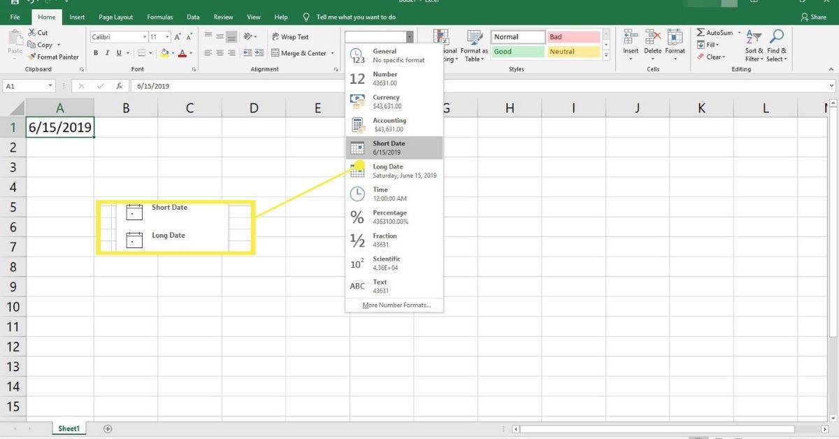Lyhyt päivämäärä ja pitkä päivämäärä Excelissä
