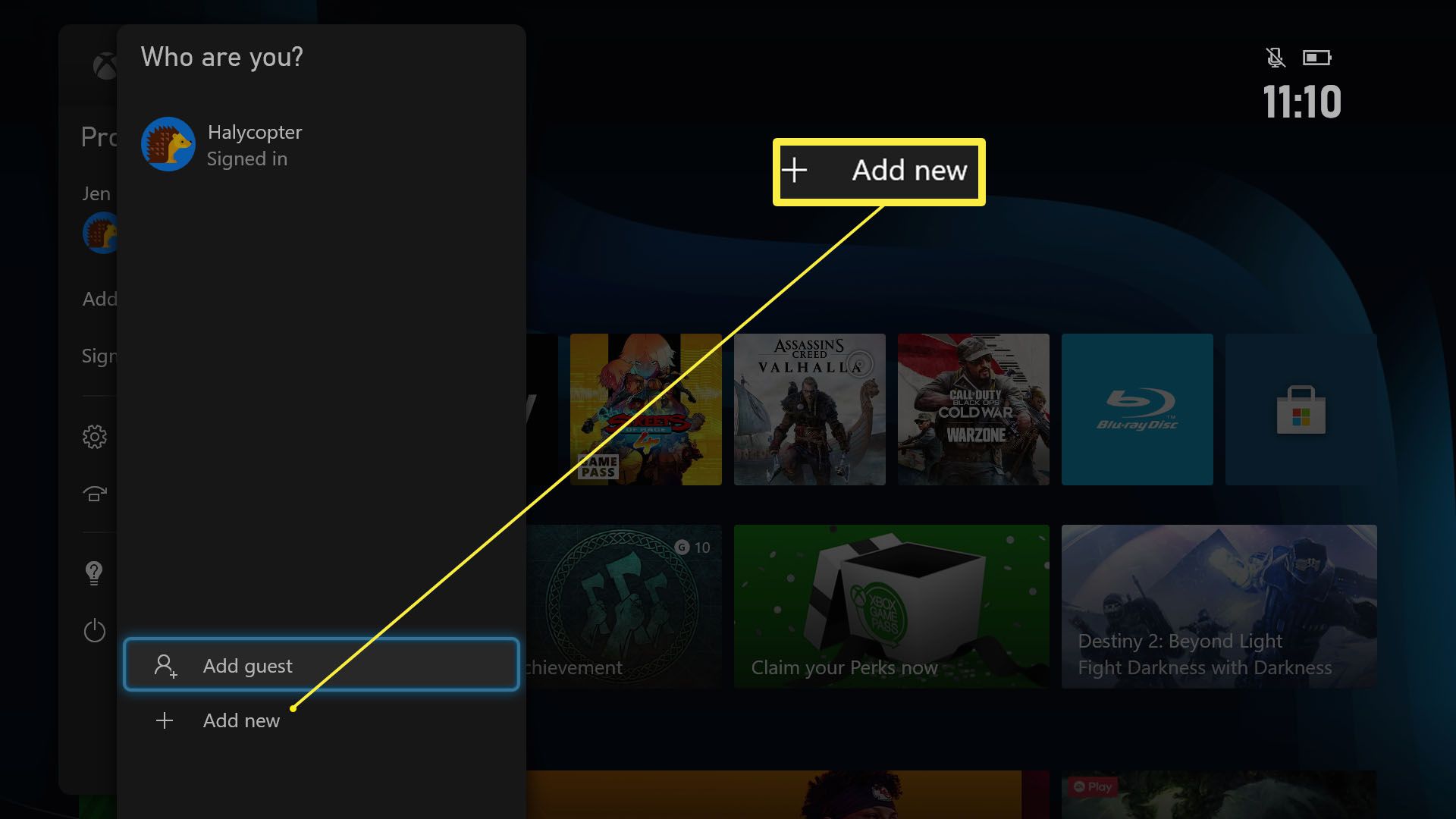 Xbox Series X/S Dashboard, jossa on korostettuna Lisää uusi käyttäjä