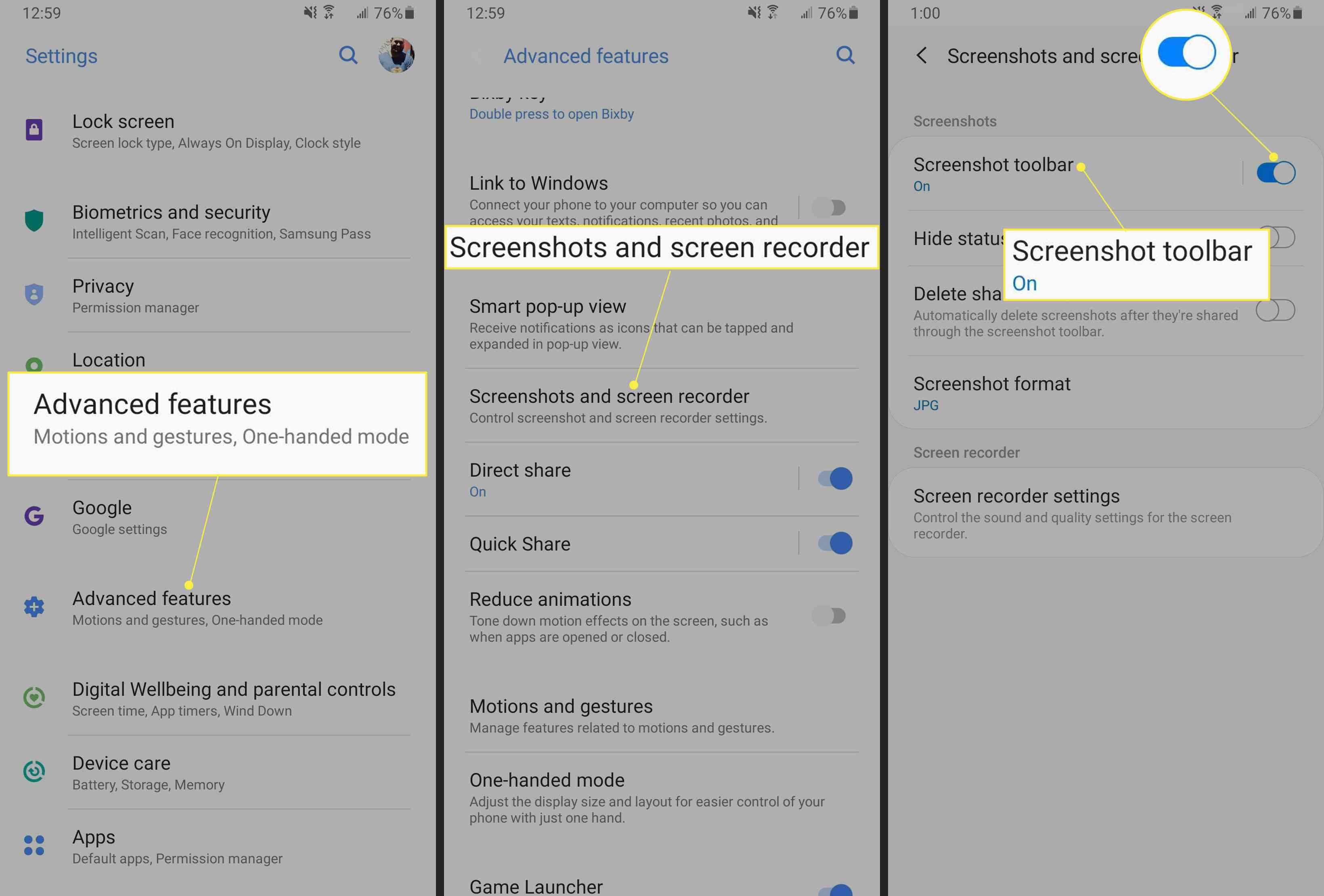 Samsungin asetukset lisäominaisuuksilla, Screenshots & Screen Recorder ja Screenshot Toolbar Switch (käytössä) korostettuna