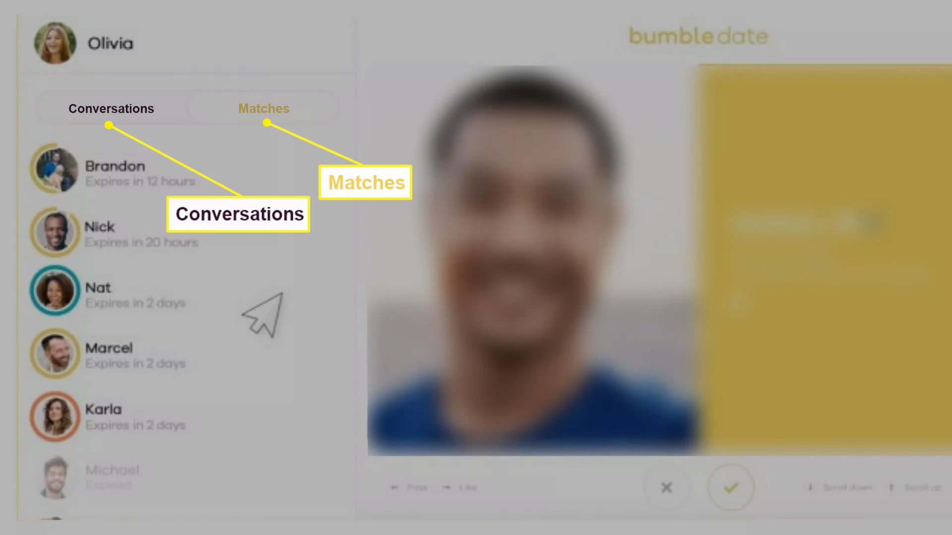 Bumble Match -näyttö Keskustelut- ja Ottelut-välilehdillä