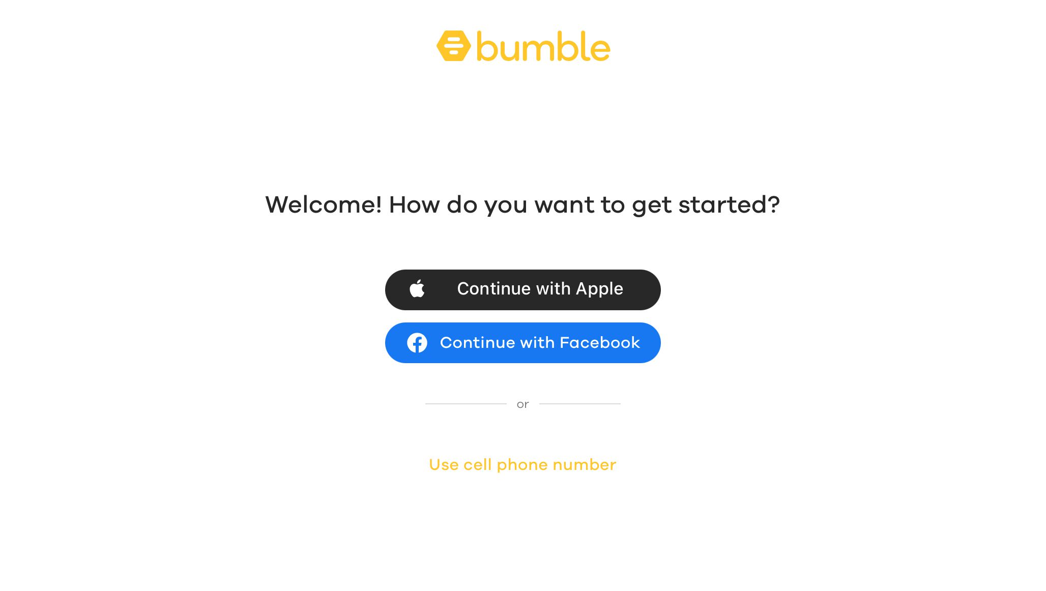 Bumble-kirjautumisnäyttö, jossa on kolme tapaa avata tili