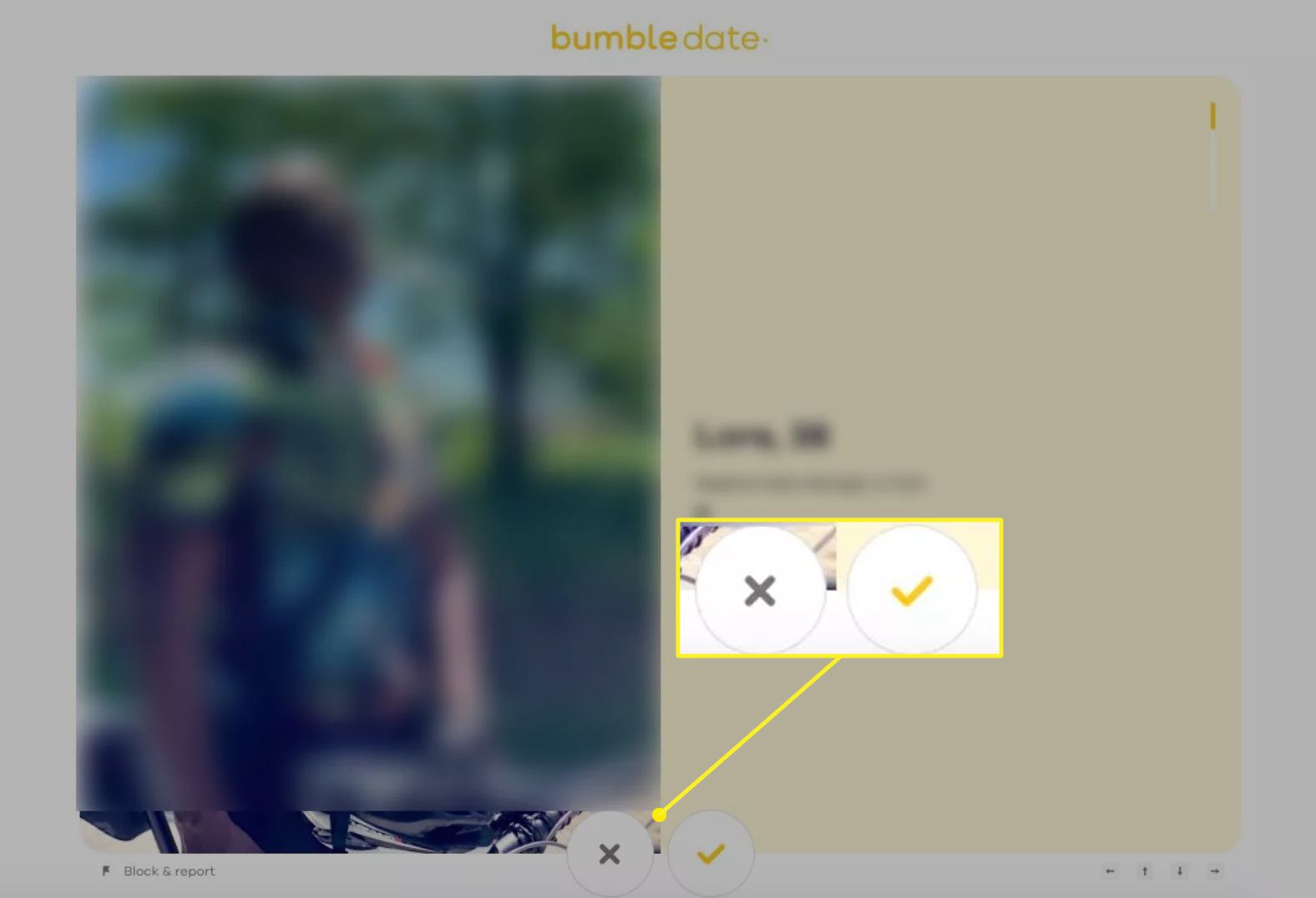 Bumble.com näyttää painikkeet, joilla voit syöttää tai pitää ottelusta