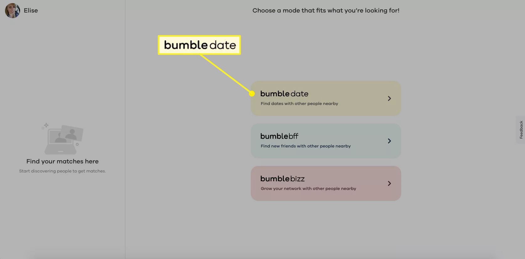 Bumble.com näyttää BumbleDate-, BumbleBFF- ja BumbleBizz-vaihtoehdot