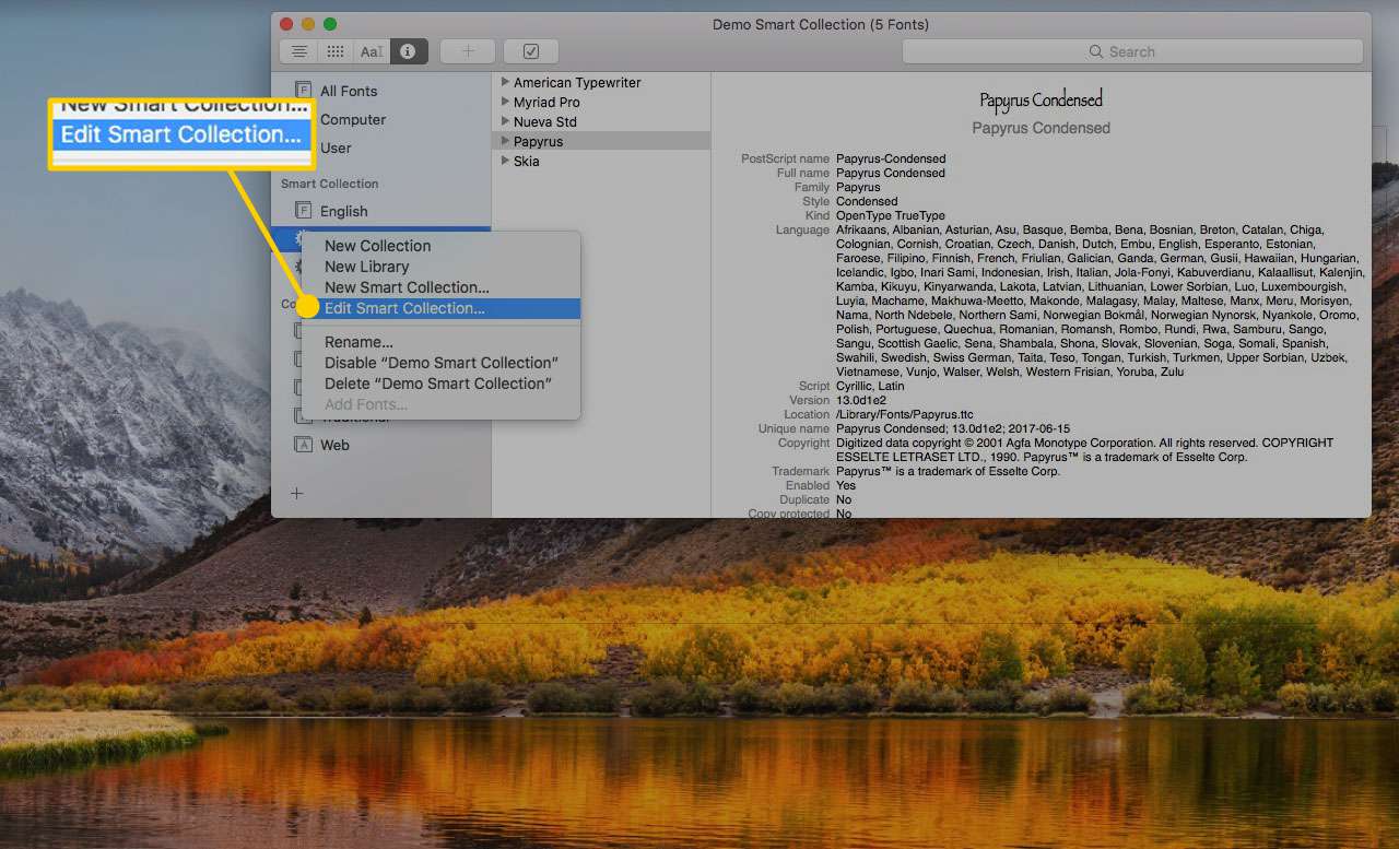Fonttikirja Macissa, jossa Muokkaa älykästä kokoelmaa -vaihtoehto on korostettuna