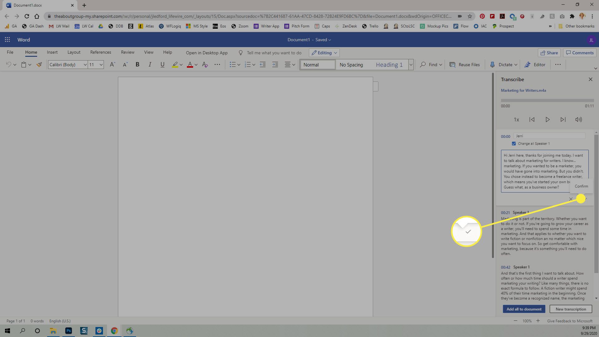 Vahvistusmerkki tallentaaksesi transkription muokkaukset MS Wordiin.