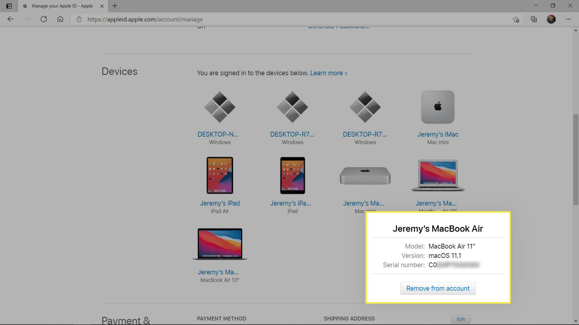 MacBook Airin sarjanumero, joka näkyy Apple ID -sivustolla.