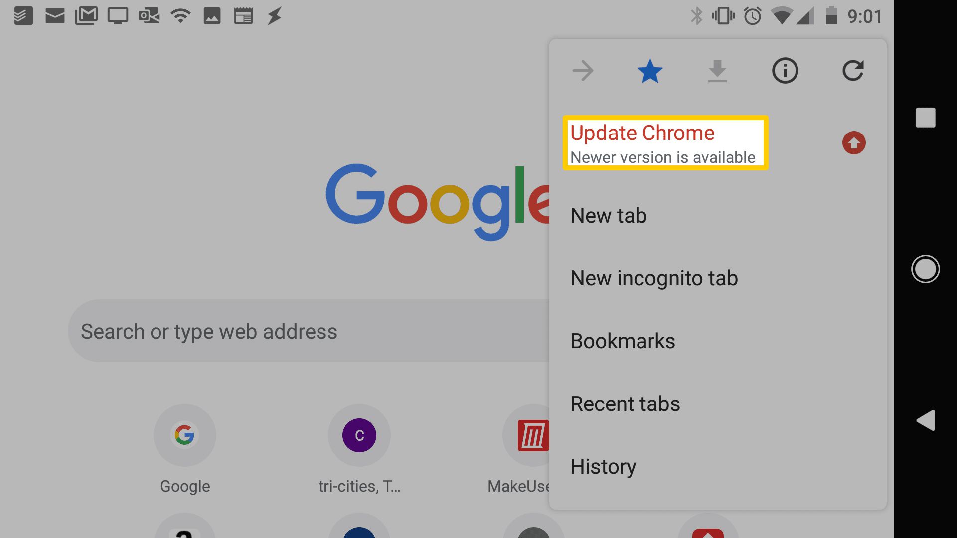 Kuvakaappaus Chrome-mobiiliselaimen päivityksestä.