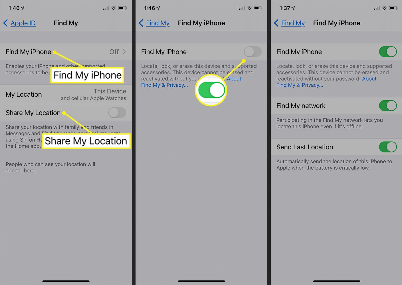 Asetukset Find My -toiminnon käyttöönottoa ja määrittämistä varten iPhonessa