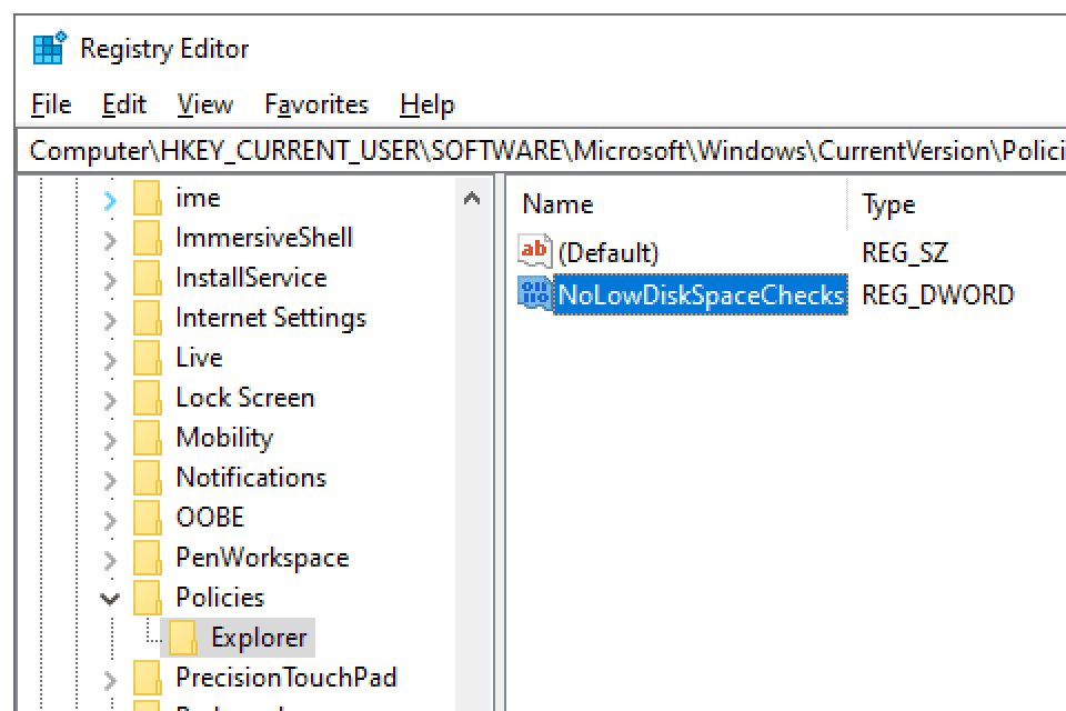 NoLowDiskSpaceChecks-rekisteriarvo Windows 10:ssä