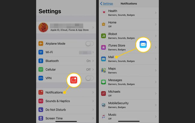 Ilmoitukset ja sähköposti iOS-asetuksissa