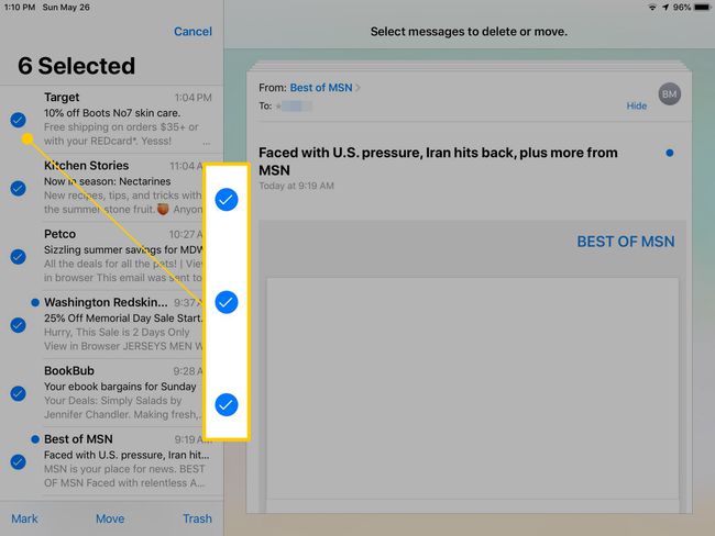 iPadin iOS Mailin valintaruudut