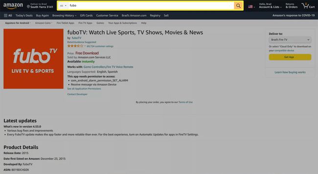 FuboTV-sovellussivu Amazon-verkkosivustolla.