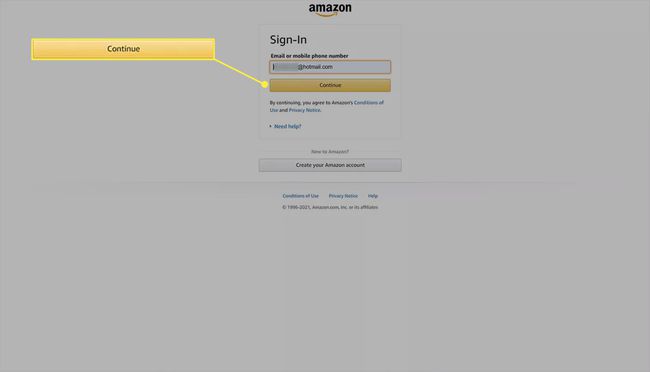 Amazon-sivuston kirjautumissivu syötetyllä sähköpostiosoitteella.