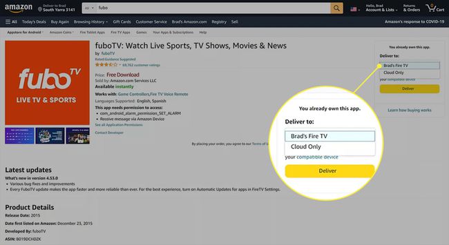 Amazon-sivuston fuboTV-sovellussivu, jossa laitevalikko on valittuna.