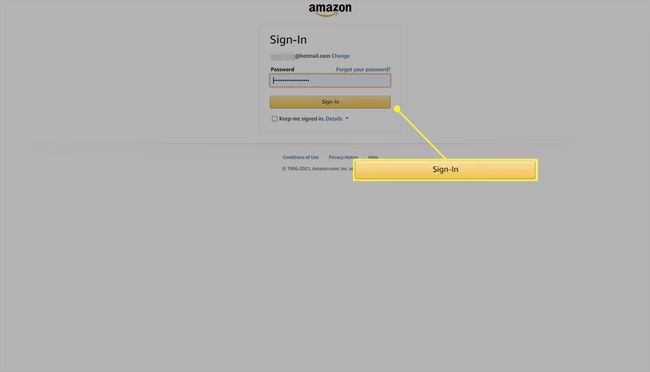 Amazon-sivuston kirjautumissivu syötetyllä salasanalla.