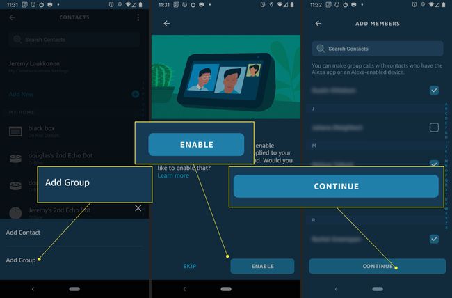 Lisää kontakti ryhmään ryhmäkeskustelua varten Echo and Echo Show -ohjelmassa korostettuina "Lisää ryhmä", "Ota käyttöön" ja "Jatka"