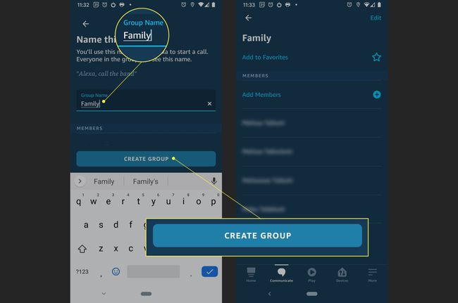 Nimeä ryhmä Alexa-puheluita varten Luo ryhmä korostettuna