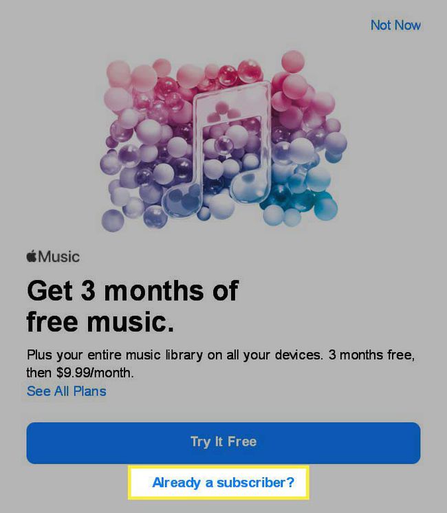 Apple Music -mainoksessa korostettuna jo tilaajapainike.