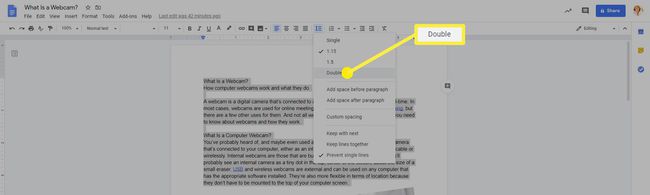 Kaksoisvälivaihtoehto Google-dokumenttien rivivälivalikossa.
