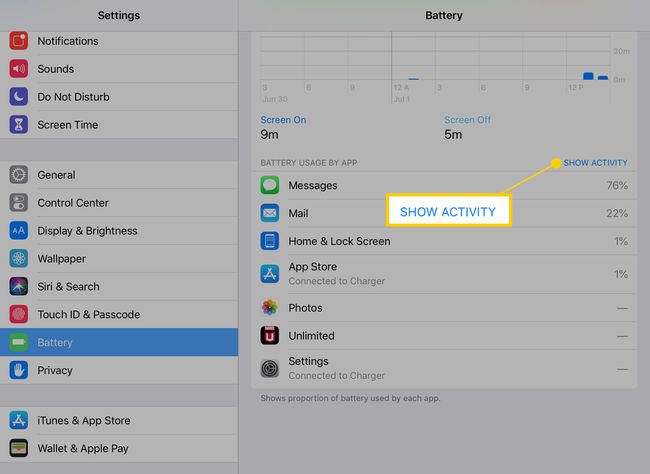 Näytä Activity-painike iPadin akkuasetuksissa