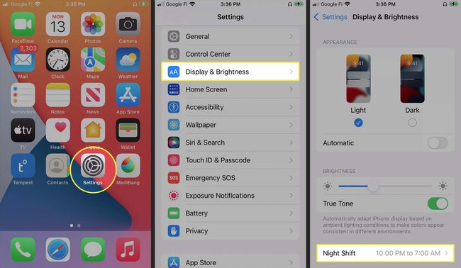 Näyttö- ja kirkkausasetusten Night Shift -vaihtoehto iPhonessa.
