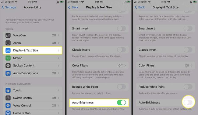 Poista automaattinen kirkkaus käytöstä iOS:n Helppokäyttö-valikon Näyttö ja tekstin koko -asetuksista.