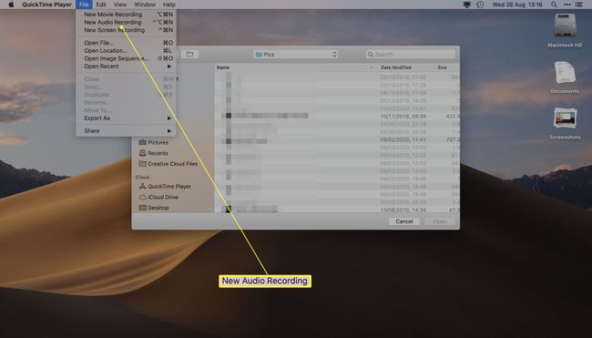 QuickTime Player Macissa, jossa uusi äänitallenne korostettuna