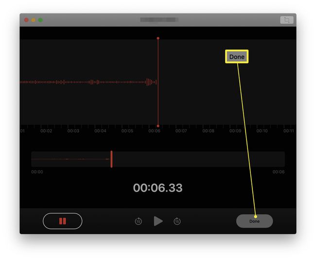 Äänimuistio-sovellus Macissa, jossa Valmis-painike on korostettuna