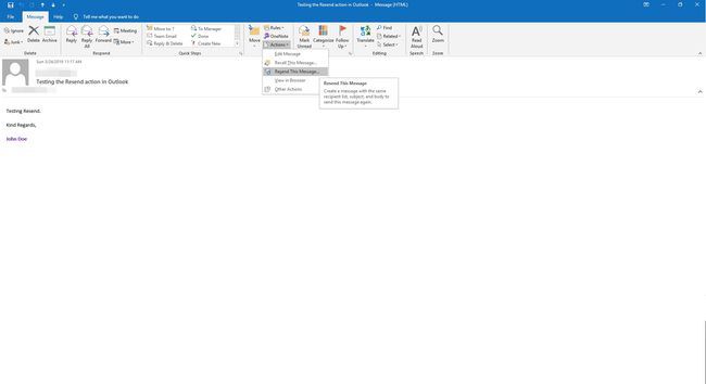 Valitse toiminto Lähetä tämä viesti uudelleen Outlookissa.