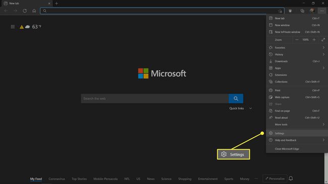 Microsoft Edgen päävalikko, jossa Asetukset on korostettuna.