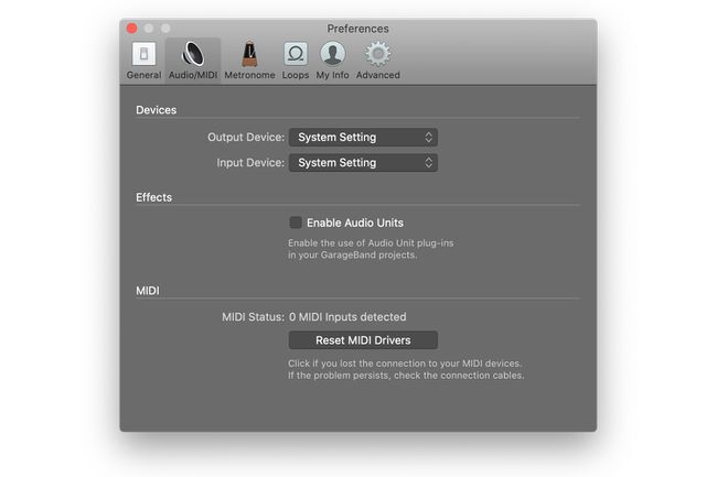 GarageBand Preferences Audio/Midi -välilehti