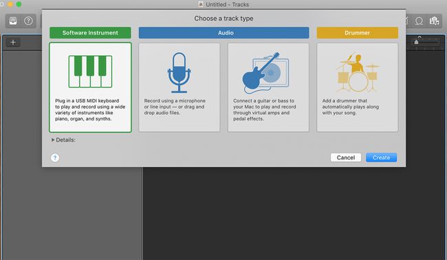 GarageBand-ohjelmiston instrumentin valintanäyttö