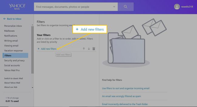 Lisää uusia suodattimia -painike Yahoo Mailissa