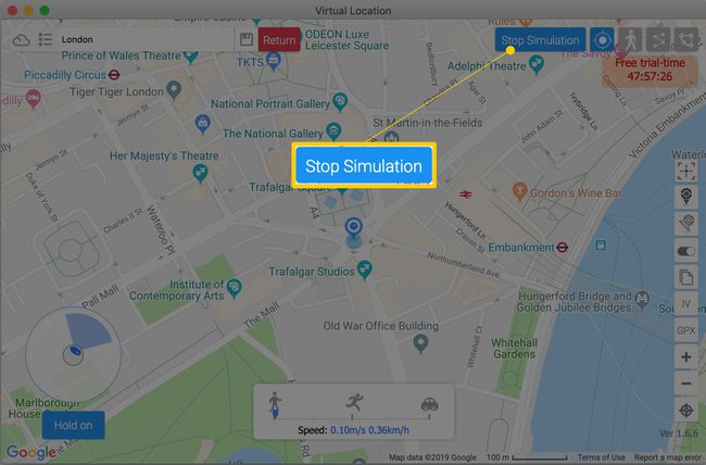 Lopeta simulointi -painike iTools Virtual Location -ikkunassa