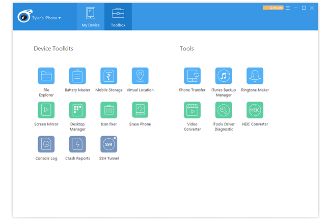 iTools Toolbox -näyttö iPhonelle Windowsissa